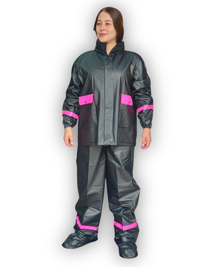Impermeable Siliconado Resortado y Bolsillo Negro-Fucsia
