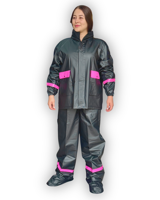 Impermeable Siliconado Resortado y Bolsillo Negro-Fucsia