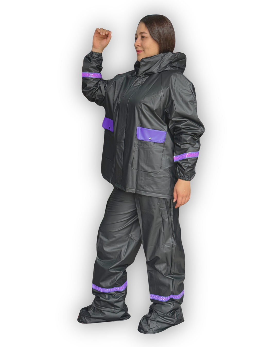 Impermeable Siliconado Resortado y Bolsillo Negro-Morado